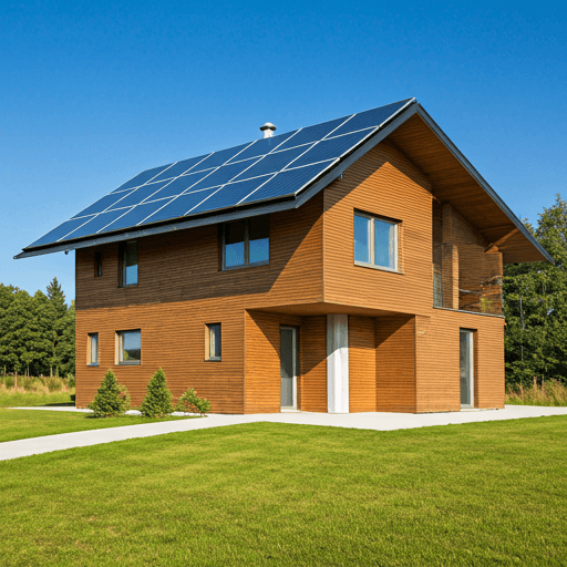 Modern home with a rooftop solar array in clear daylight